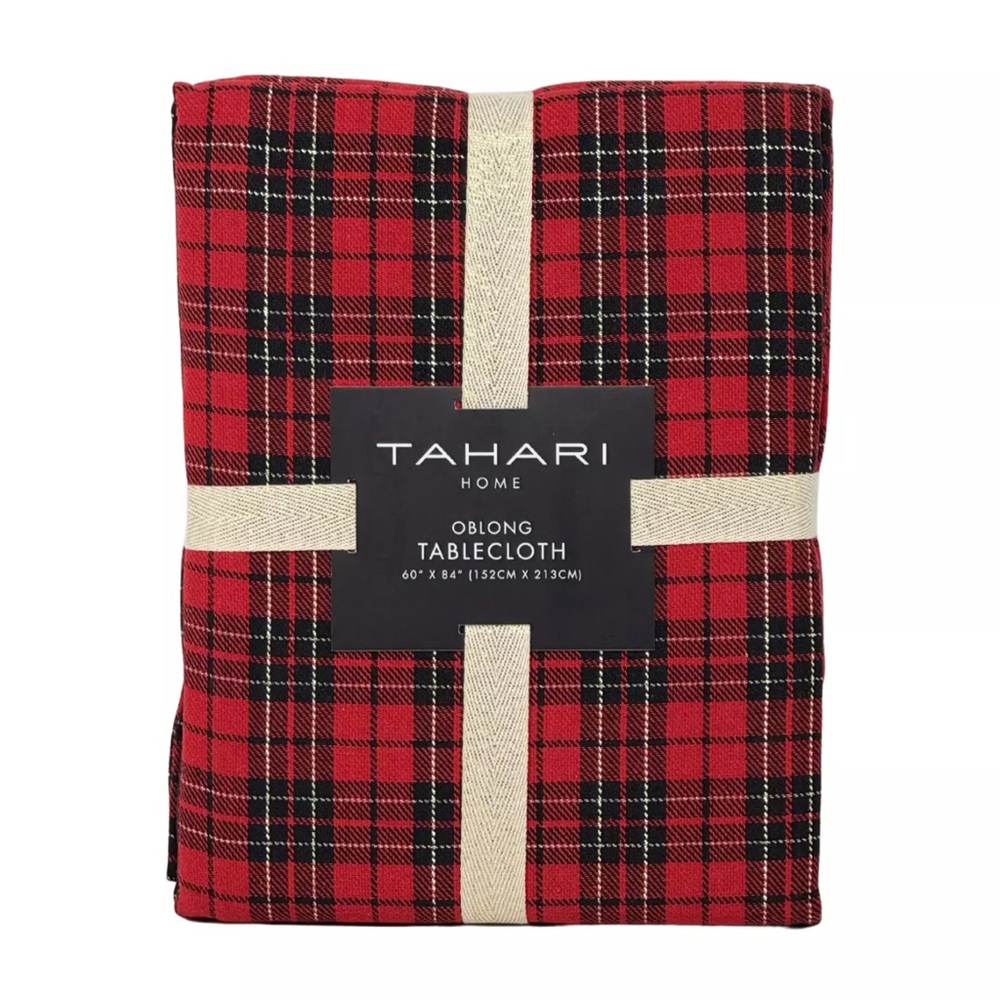 TAHARI 60" x 84" Christmas Holiday Red Black Gold Plaid Designer Tablecloth NEW